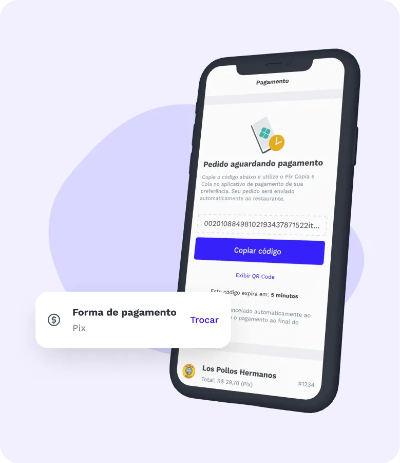 Celular com a tela do app de delivery no pagamento via Pix e um card de formas de pagamento a frente