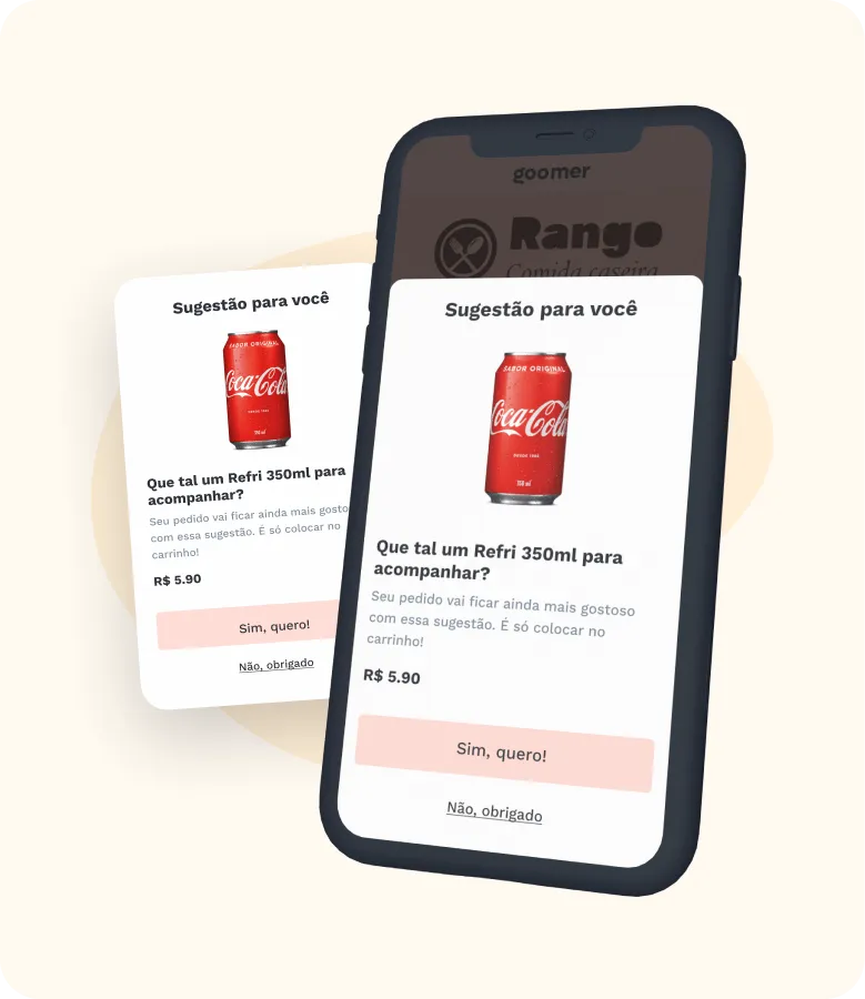 Celular com a tela do app de delivery com um card de venda sugestiva de refrigerante