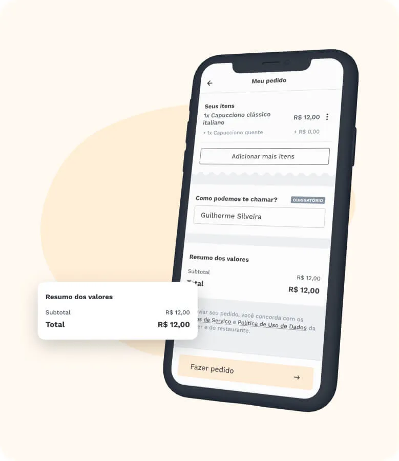 Imagem de um Smartphone exibindo a tela da conta do cardápio digital, com um cartão mostrando um resumo dos valores ao lado.