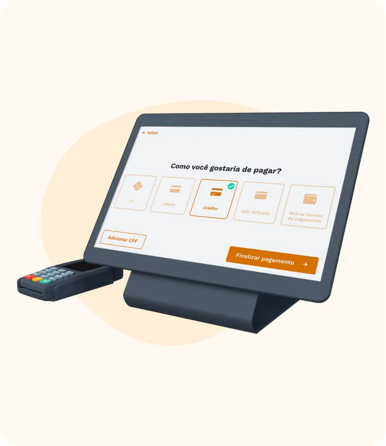Tablet e maquininha de cartão de crédito exibindo na tela as formas de pagamento disponíveis em um fundo amarelo claro