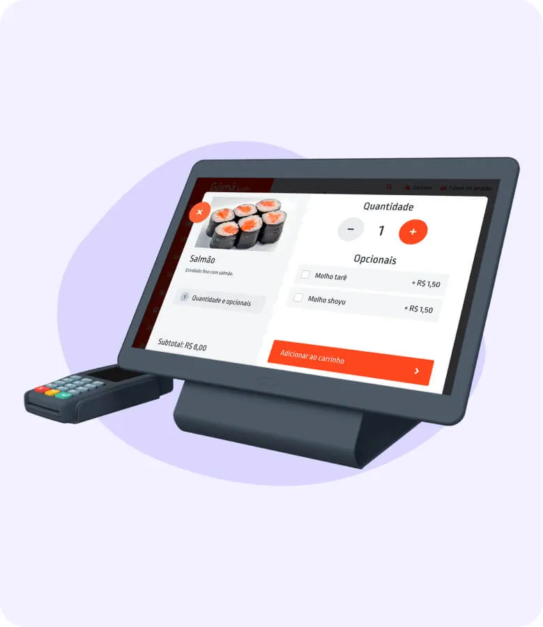 Tablet e maquininha de cartão de crédito exibindo na tela o detalhe de um pedido de sushi em um fundo roxo claro
