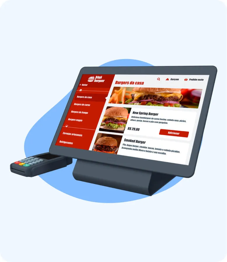 Tablet e maquininha de cartão de crédito exibindo na tela um cardápio digital de hamburgueria em um fundo azul claro