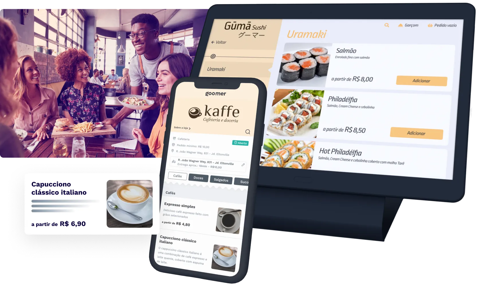 Imagem de pessoas felizes em um restaurante, um tablet a direita com um cardápio digital na tela e um celular com cardápio digital na tela a frente do tablet